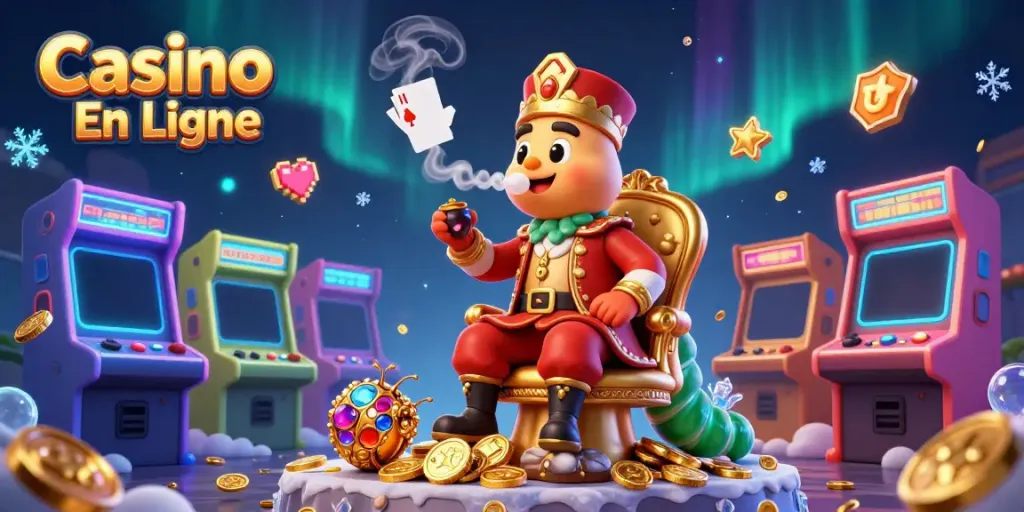 Découvrez le monde des casinos en ligne avec des personnages colorés jouant à des jeux sous un ciel scintillant.
