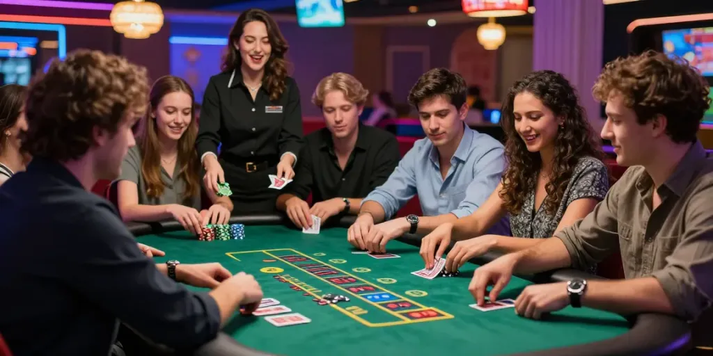 Joueurs concentrés au blackjack en ligne avec des jetons, ambiance de casino vibrante.